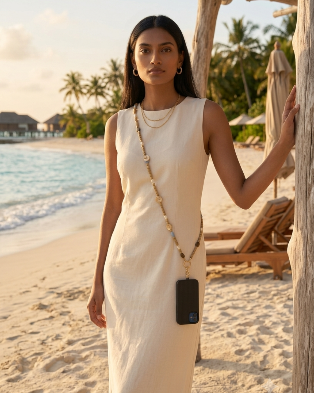 Minimal Beige Crossbody Phone Chain/ Lanyard With Charms