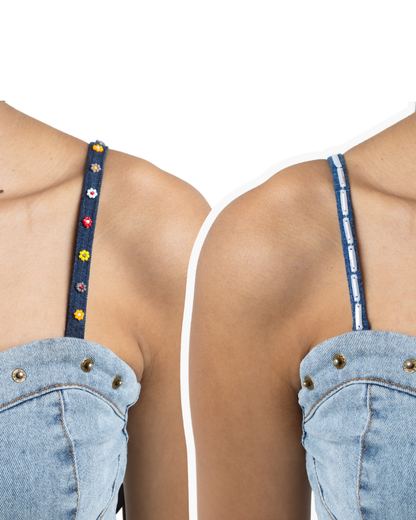 Denim Flower & Denim Embellished Bra Straps Bundle