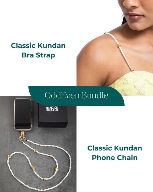 Classic Kundan Beaded Bra Straps +  Classic Kundan & Pearls Blend Phone Chain (Bundle)