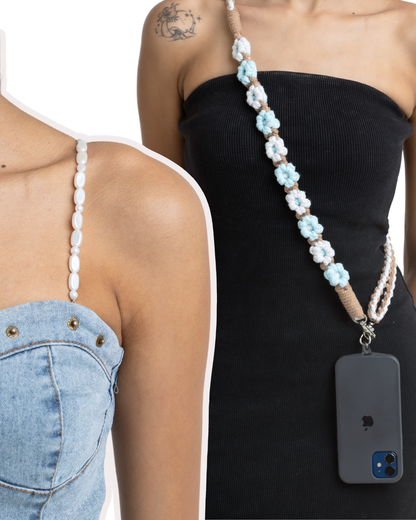 Pearl Beaded Bra Straps & Pastel Blue Crochet Phone Chain Bundle