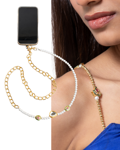 Gold Kundan Beaded Bra Straps & Luxe Kundan Phone Chain Bundle