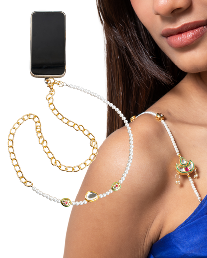 Kundan Elegance Beaded Bra Straps & Luxe Kundan Phone Chain Bundle