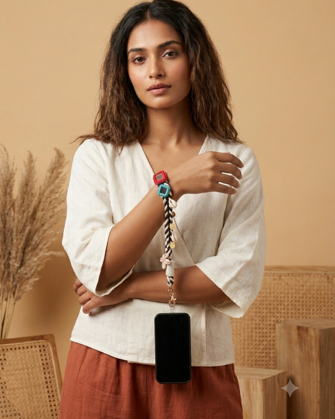 Black Boho Mirror Wrist Phone Chain